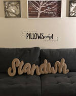 Load image into Gallery viewer, Personalized custom Pillowscript pillow with 'Standish' text on a dark sofa against a wall with framed artwork.
