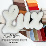 Load image into Gallery viewer, An advertisement for a custom 3 letter script pillow service, displaying pillows in white and various fabric color options alongside the text 'Create Your PILLOWSCRIPT SHOP NOW!'.
