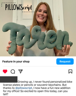 Load image into Gallery viewer, Woman holding a blue personalized pillow with the word 'Taren' on it, promoting PillowScript.
